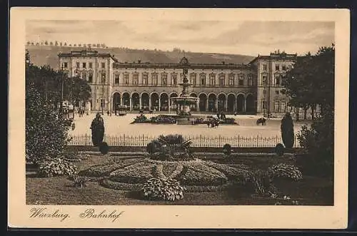 AK Würzburg, Der Bahnhof vom Blumenbeet aus