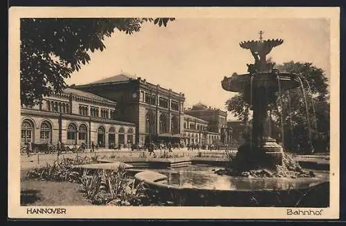 AK Hannover, Bahnhof vom Springbrunnen aus gesehen