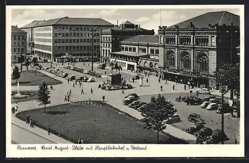 AK Hannover, Ernst August-Platz mit Hauptbahnhof und Postamt