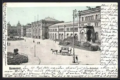 AK Hannover, Pferdebahn vor dem Bahnhof