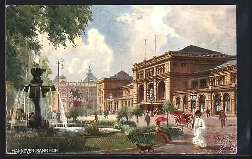 Künstler-AK Hannover, Bahnhof mit Springbrunnen und Leuten