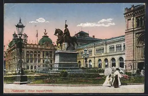 AK Hannover, Ernst August-Platz, Reiterdenkmal, Bahnhof