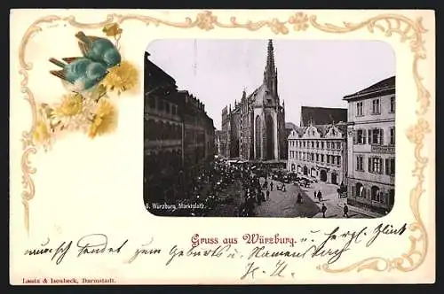 Passepartout-AK Würzburg, Marktplatz aus der Vogelschau, Blaumeisen