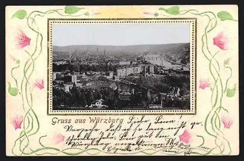 Lithographie Würzburg, Panorama, Rosafarbene Blumen