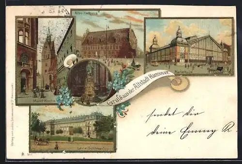 Lithographie Hannover, Marktkirche, Leine-Schloss, Markthalle in der Altstadt