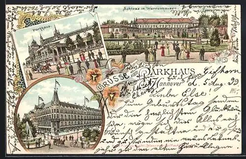 Lithographie Hannover, Schloss in Herrenhausen, Parkhaus, Grand Hotel