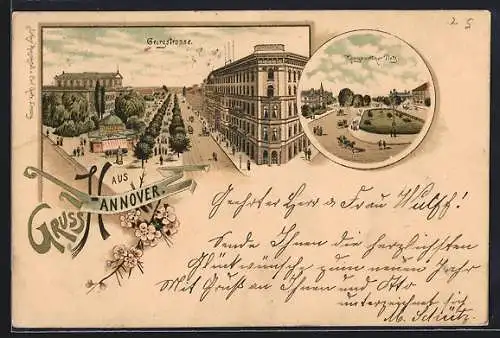 Lithographie Hannover, Georgstrasse mit Strassenbahn, Königsworther Platz