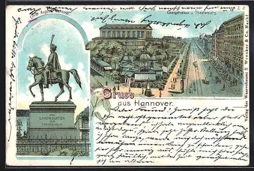 Lithographie Hannover, Georgstrasse und Theaterplatz und Ernst-August-Denkmal