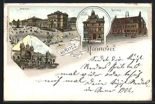 Lithographie Hannover, Bahnhof, Haus der Väter, Rathaus und Tivoli