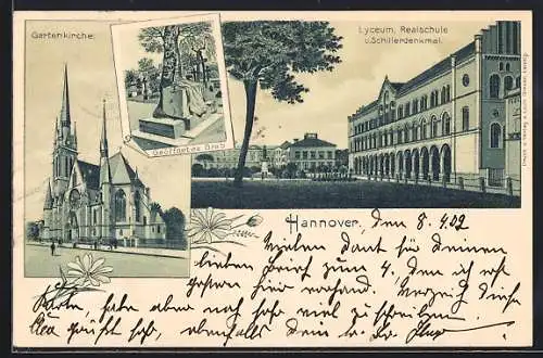 Lithographie Hannover, Lyceum, Realschule und Schillerdenkmal, Gartenkirche, Geöffnetes Grab