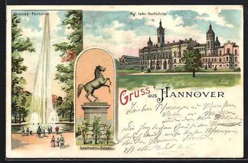 Lithographie Hannover, Kgl. techn. Hochschule, Grosse Fontaine, Sachsen-Ross