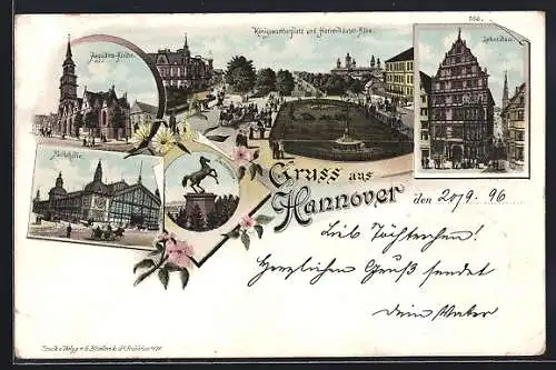 Lithographie Hannover, Markthalle, Königswörther Platz mit Herrenhäuser Allee, Leibnitzhaus