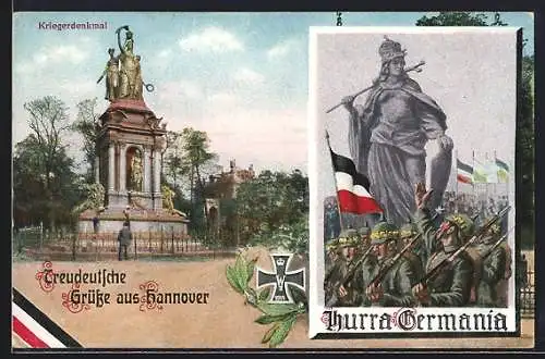 AK Hannover, Kriegerdenkmal, Germania mit Soldaten, Eisernes Kreuz