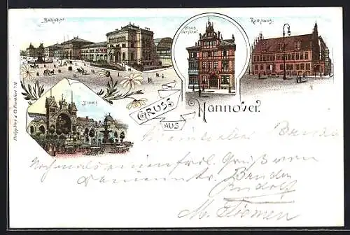 Lithographie Hannover, Bahnhof, Haus der Väter, Rathaus, Tivoli