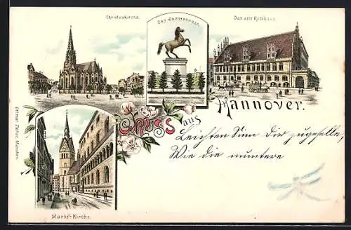 Lithographie Hannover, Altes Rathaus, Christuskirche, Sachsenross