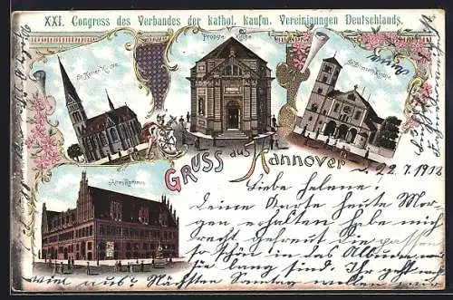 Lithographie Hannover, XXI. Congress des Verbandes der kathol. kaufm. Vereinigungen Deutschlands, Altes Rathaus