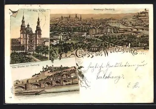 Lithographie Würzburg, Totalansicht v. Steinberg, Stift Haug Kirche & alte Brücke mit Festung