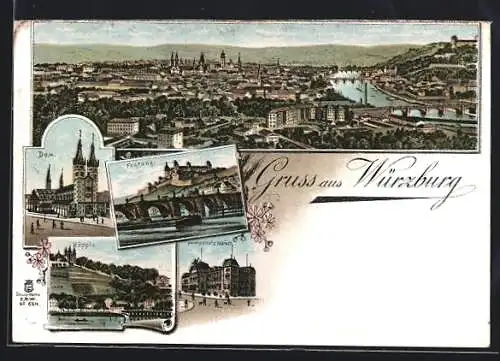 Lithographie Würzburg, Festung, Universitätsgebäude, Dom