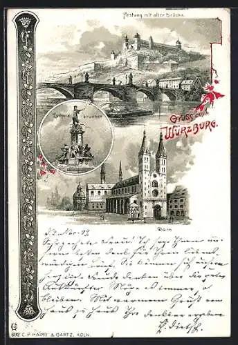 Lithographie Würzburg, Festung mit alter Brücke, Dom, Luitpoldbrunnen