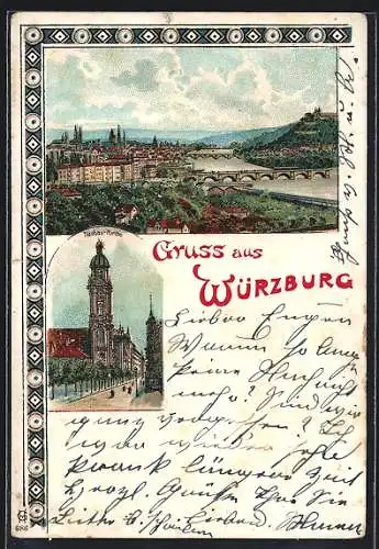 Lithographie Würzburg, Neubau-Kirche, Gesamtansicht