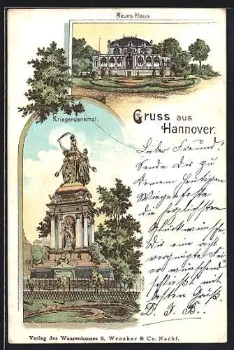 Lithographie Hannover, Kriegerdenkmal, Neues Haus