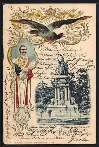 Passepartout-Lithographie Hannover, Partie am Kriegerdenkmal, Kaiser Wilhelm II.