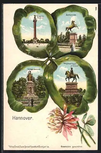 Passepartout-Lithographie Hannover, Kleeblatt mit Sachsenross, Waterloo-Denkmal, Kriegerdenkmal, Ernst-August-Denkmal