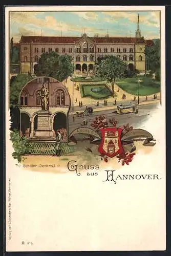 Lithographie Hannover, Schillerdenkmal, Schloss, Strassenbahn mit Stadtwappen