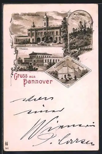 Lithographie Hannover, Theater, Palmenhaus in Herrenhausen, Technische Hochschule