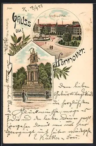 Lithographie Hannover, Ernst-August Platz mit Kriegerdenkmal