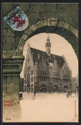 Lithographie Linden / Hannover, Durchblick zum Rathaus, Mauer-Passepartout mit Wappen