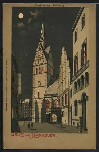 Mondschein-Lithographie Hannover, Marktkirche und Rathaus