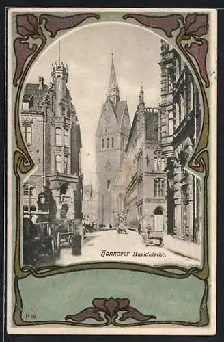 Lithographie Hannover, Blick zur Marktkirche, Jugendstil-Passepartout