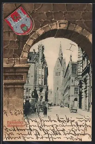 Passepartout-Lithographie Hannover, Marktkirche, durch einen Torbogen gesehen, Wappen