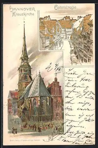 Lithographie Hannover, Osterstrasse und Kreuzkirche