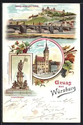 Lithographie Würzburg, Festung mit der alten Brücke, Rathaus, Luitpold Brunnen