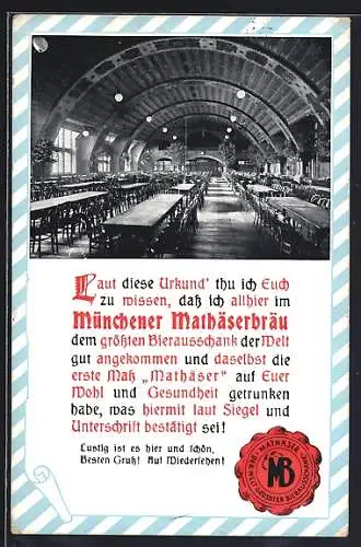 AK München-Au, Gasthaus Mathäserbräu, Innenansicht