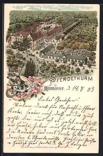 Lithographie Hannover, Totalansicht vom Gasthaus Pferdethurm