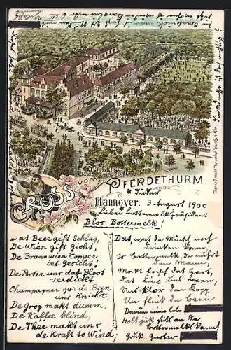 Lithographie Hannover, Gasthof Pferdethurm aus der Vogelschau