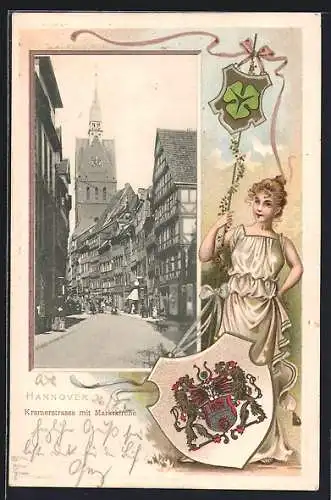 Passepartout-Lithographie Hannover, Kramerstrasse mit Marktkirche, Frauenfigur mit Wappen