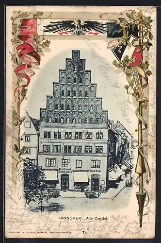 Passepartout-Lithographie Hannover, Alte Canzlei mit Hut-Fabrik Gust. Lampe, Wappen und Reichsfahne