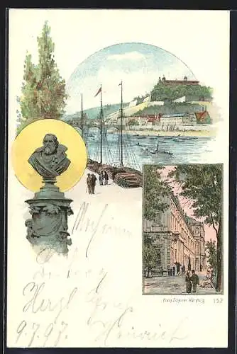 Lithographie Würzburg, Ortsansicht, Strassenpartie, Denkmal