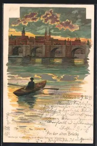 Lithographie Würzburg, Ruderpartie an der alten Brücke