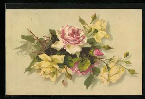 Künstler-AK Catharina Klein: Strauss aus rosa und weissen Rosen mit Knospen auf hellem Hintergrund