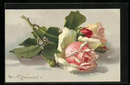 Künstler-AK Catharina Klein: Stillleben mit rosa-weissen Rosenblüten