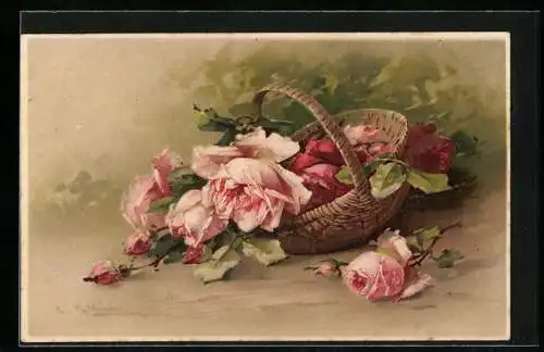 Künstler-AK Catharina Klein: Korb mit rosa und roten Rosenblüten