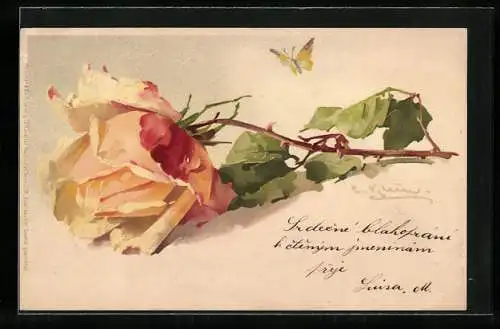 Künstler-AK Catharina Klein: Gelbe Rose mit einem Schmetterling