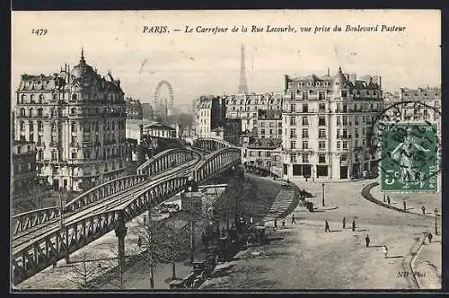 AK Paris, Le Carrefour de la Rue Lecourbe, vue prise du Boulevard Pasteur