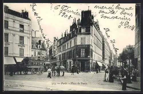 AK Paris, Place de Passy, Halles, Pferdebahn u. Pferdekutschen