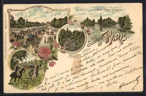 Lithographie Paris, Avenue des Champs Elysees, Bois de Boulogne le Grand Lac